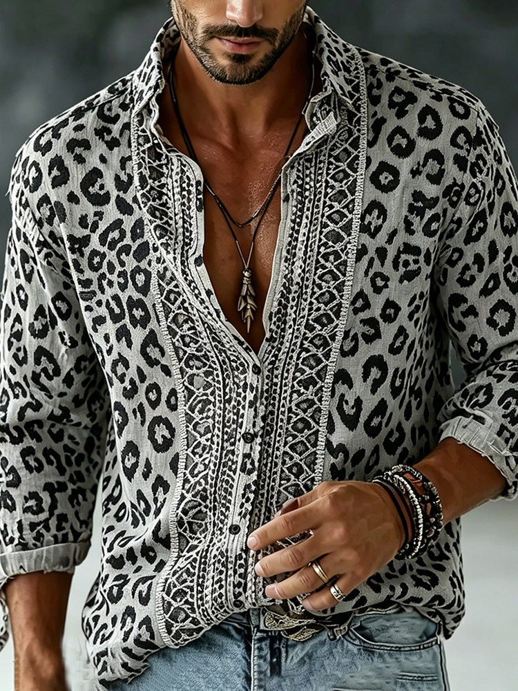 Men's Vintage Leopard Art Print Flowy Linen Blend Shirt