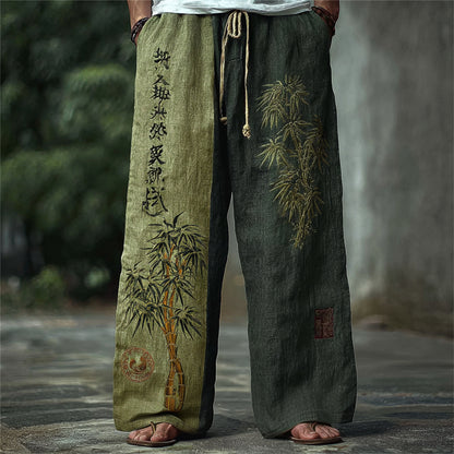 Men's Japanese Bamboo Calligraphy Art Contrast Linen Pants