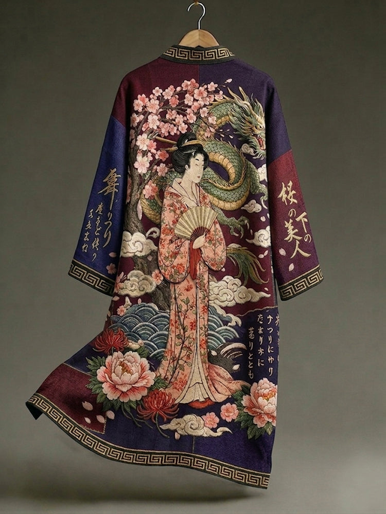 Retro Elegant Japanese Geisha And Dragon Art Linen-blend Long Kimono