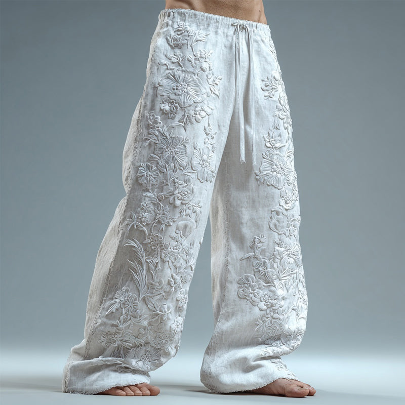 Men's Floral Lace Embroidered Comfy Linen Pants