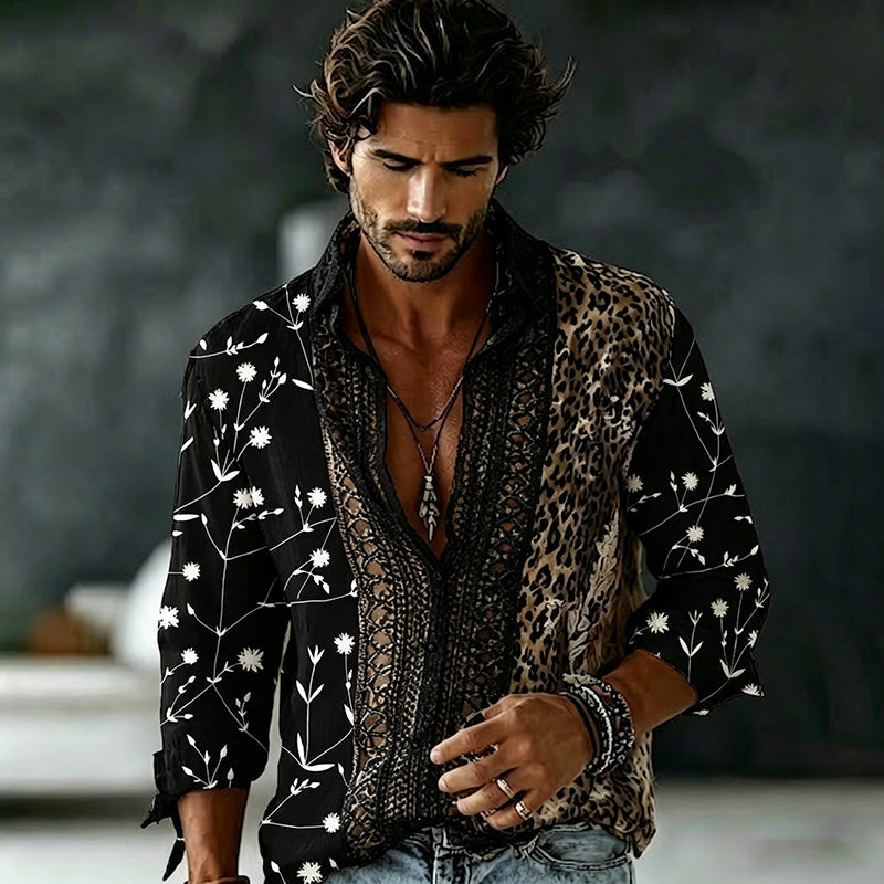Men's Vintage Floral And Leopard Art Print Flowy Linen Blend Shirt