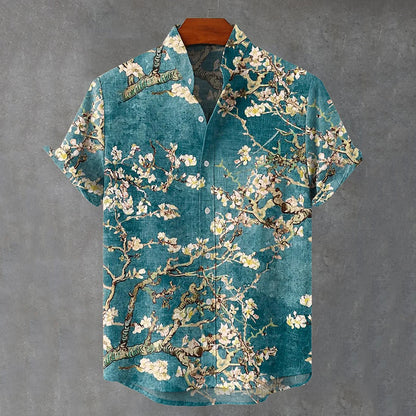 Vintage White Art Florets Print Casual Cotton Shirt