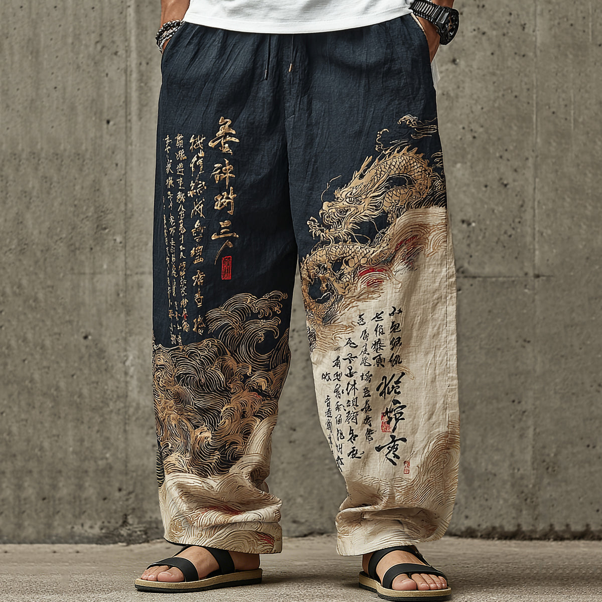 Men's Vintage Japanese Calligraphy Dragon Art Linen Blend Pants