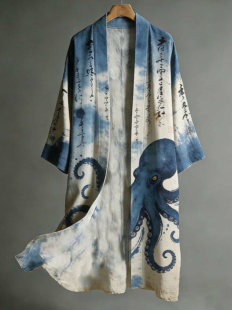 Men's Japanese Art Octopus Font Tie-dye Art And Kimono