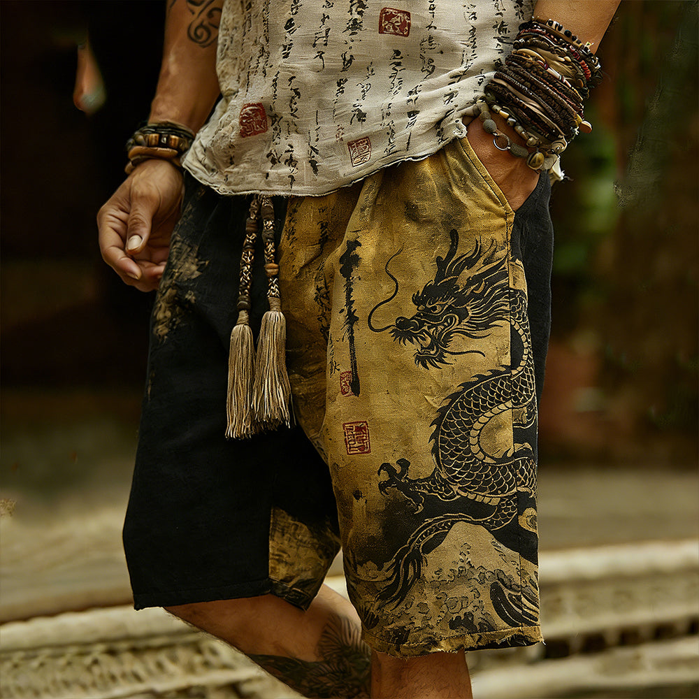Japanese Style Gold-plated Dragon Totem Linen Shorts