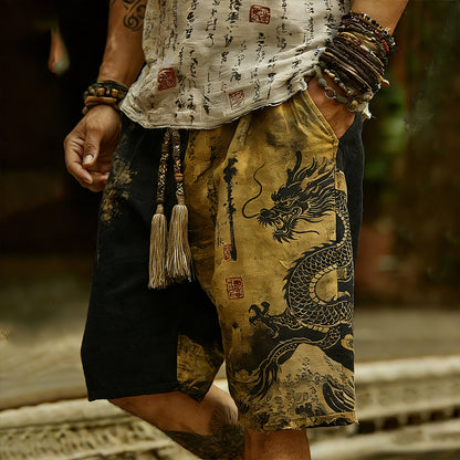 Japanese Style Gold-plated Dragon Totem Linen Shorts