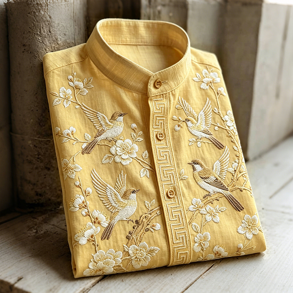 Vintage Plum Blossom & Birds Painting Art Cozy Linen Shirt