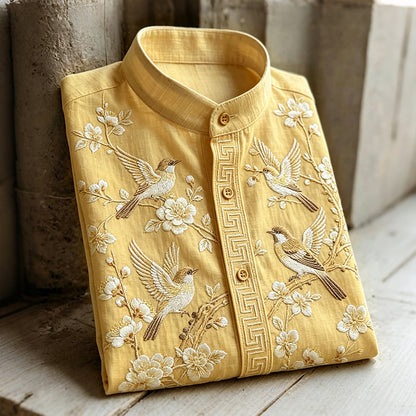 Vintage Plum Blossom & Birds Painting Art Cozy Linen Shirt