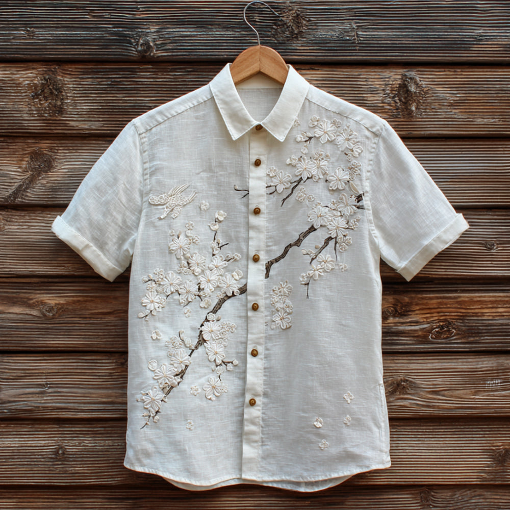 Japanese Style Cherry Blossom Tree Art Embroidery Casual Short Sleeve Shirt