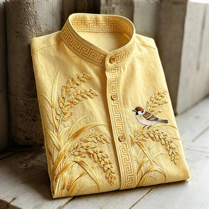 Vintage Wheat And Bird Embroidery Art Comfy Linen Shirt