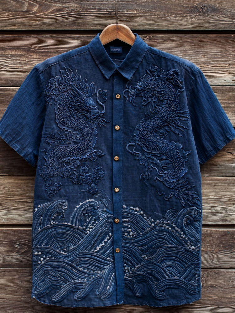 Japanese Waves & Dragon Embroidered Cozy Linen Shirt