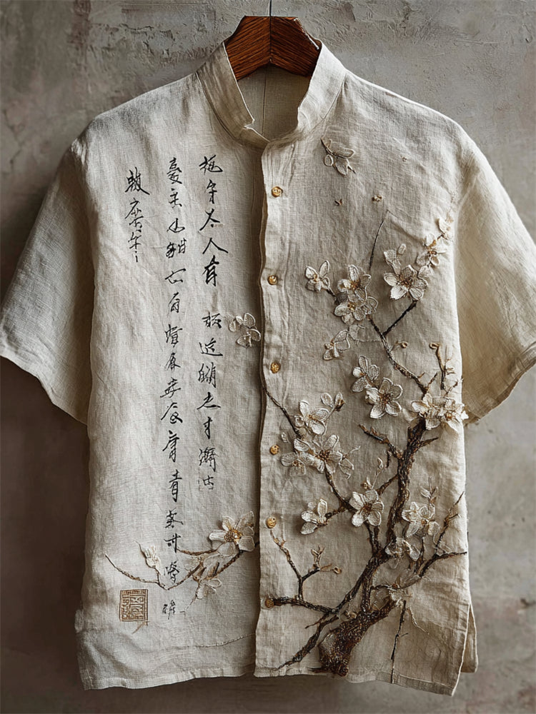 Japanese Almond Blossom Calligraphy Linen Shirt
