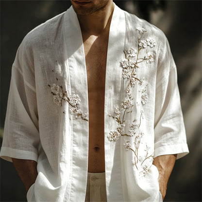 Men's Classy White Almond Blossom Embroidered Linen Kimono