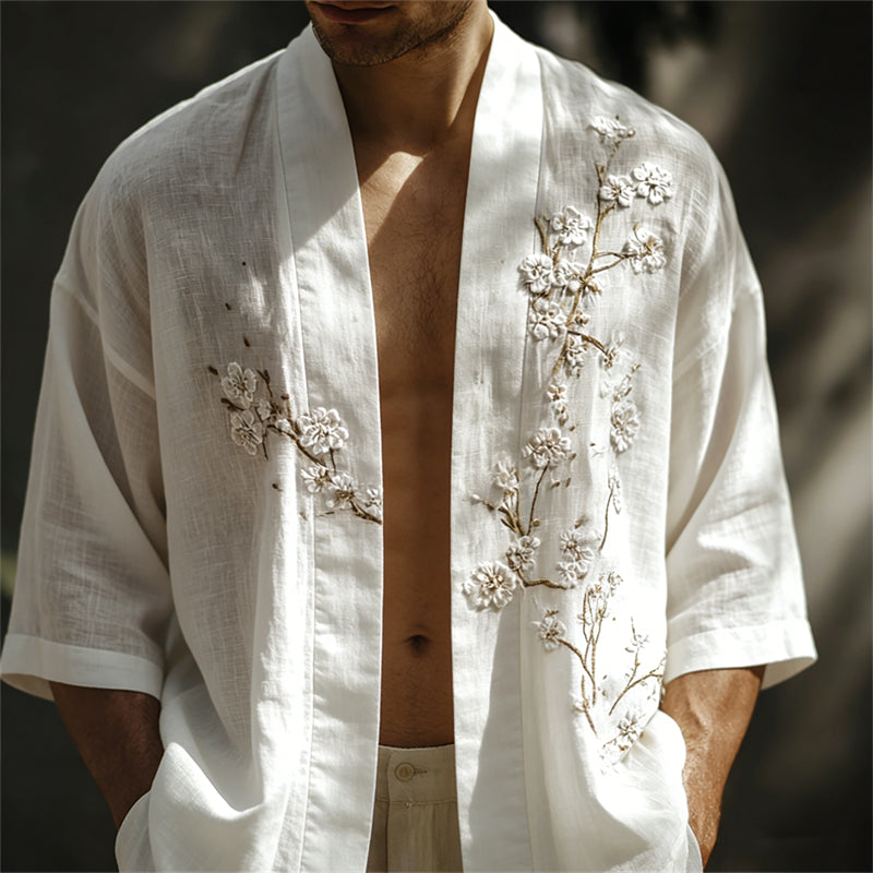 Men's Classy White Almond Blossom Embroidered Linen Kimono