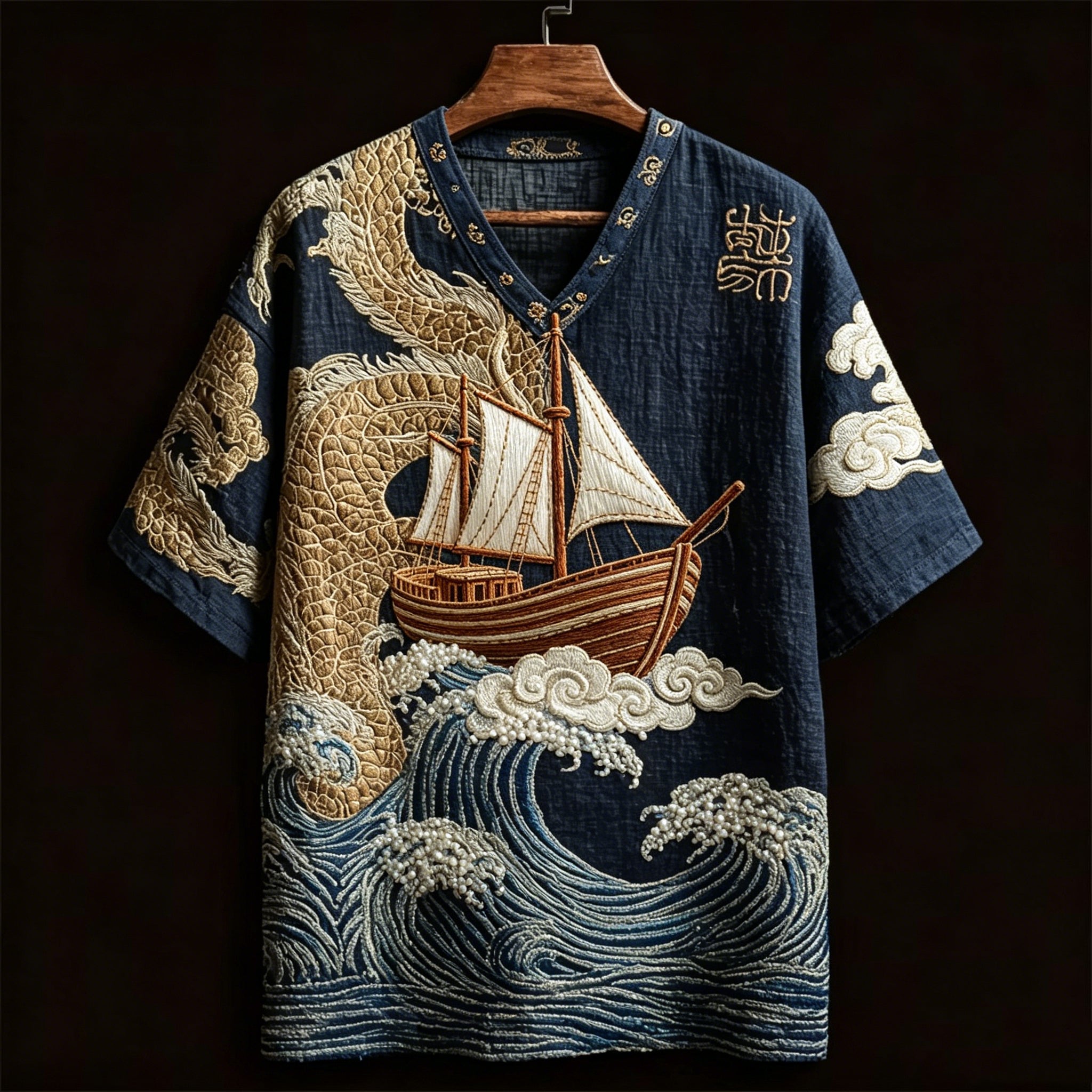 Men's Japanese Artistic Cloud And Fish Print Cotton Linen Top