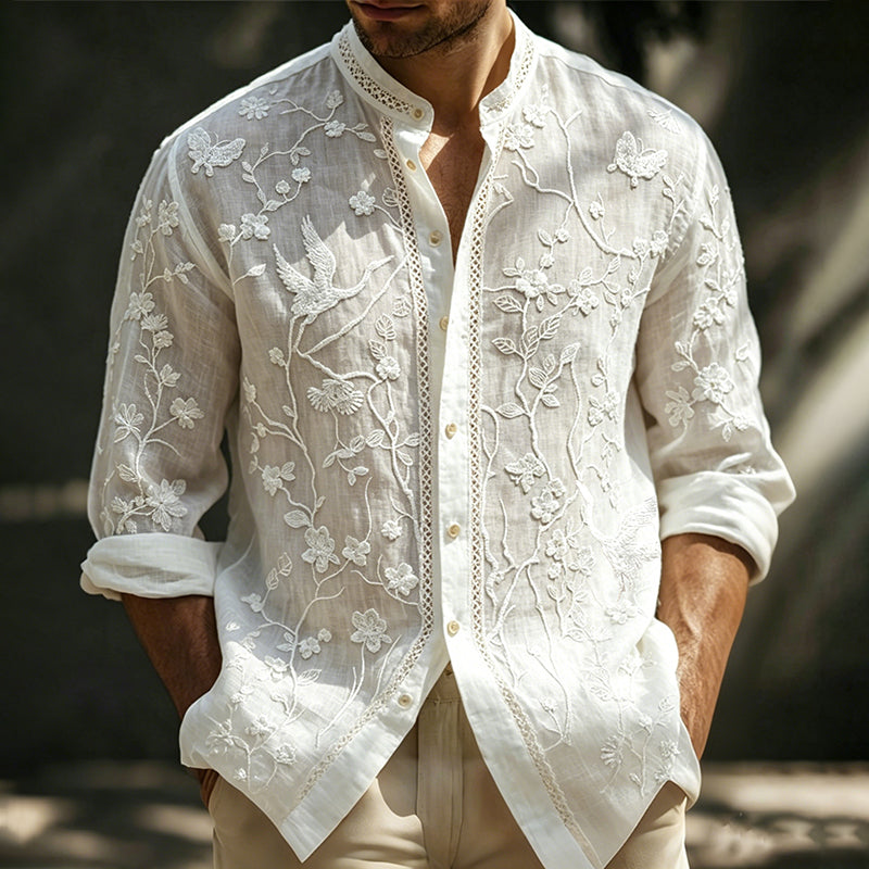 Men's Retro Crane With Floral Art Casual Linen Shirt