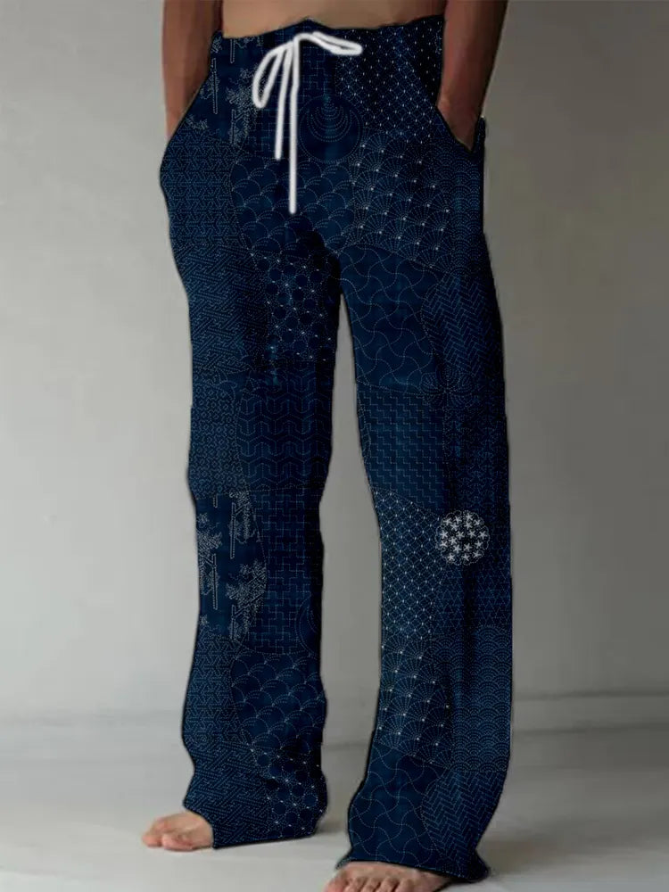 Men's Japanese Traditional Sashiko Art Linen Blend Casual Pants