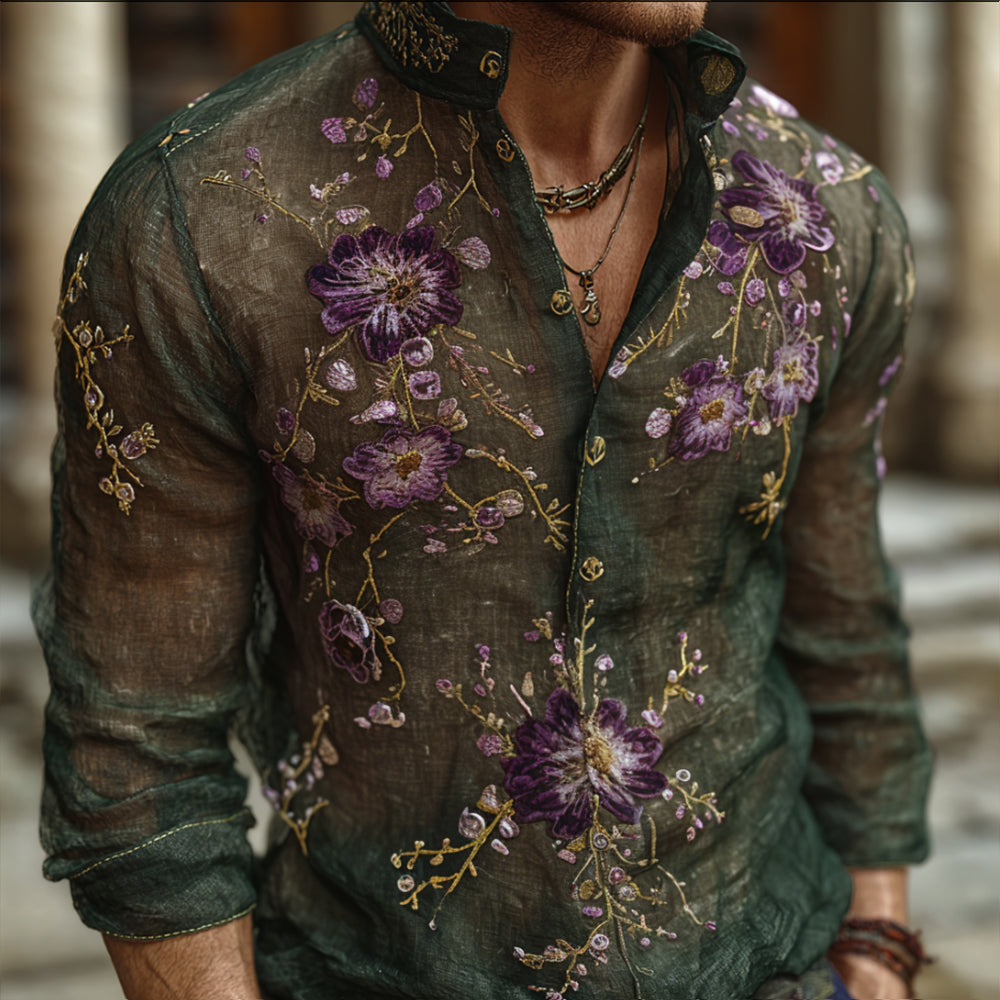 Bohemian Style Purple Flower Vintage Men's Long-sleeved Shirt