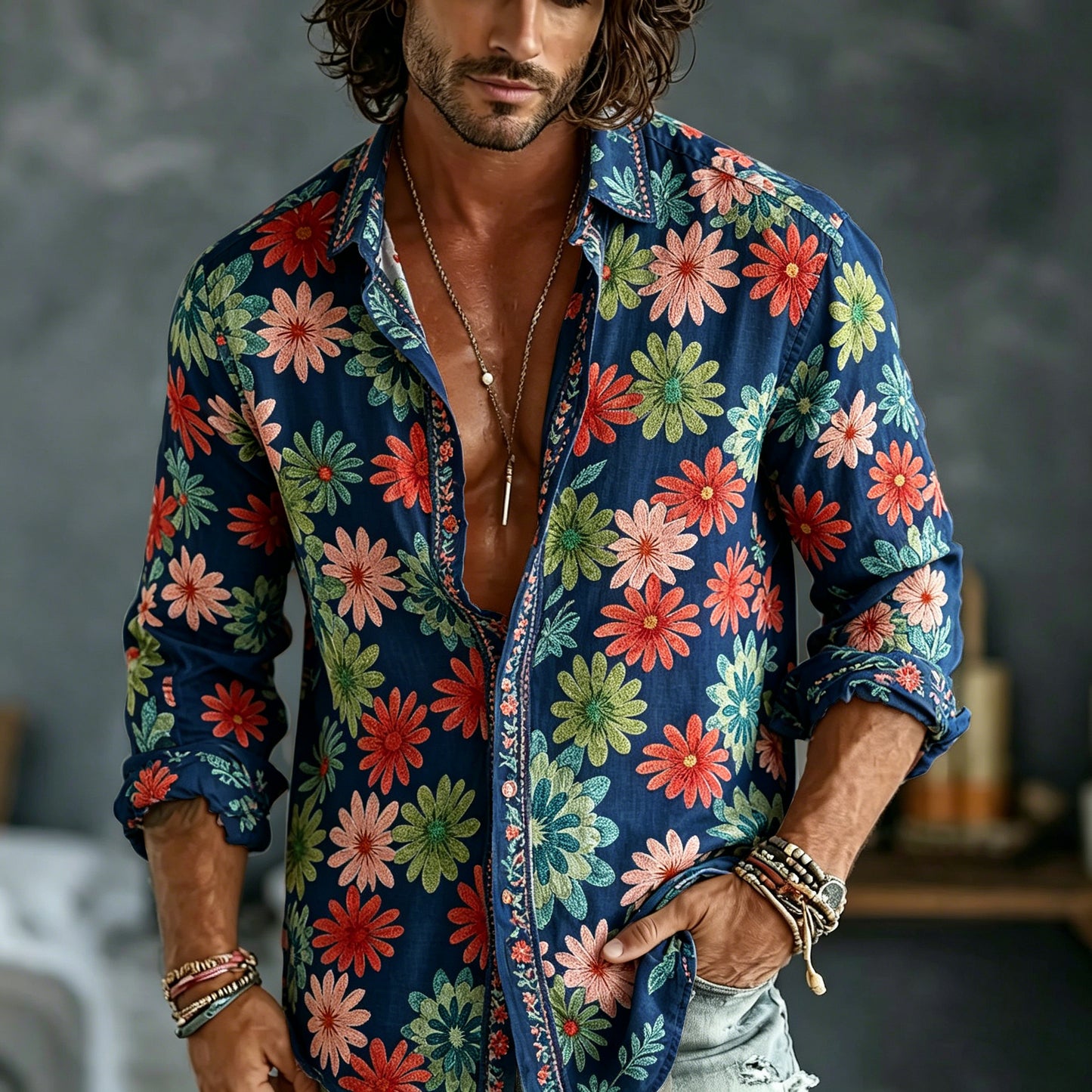 Men's Spring Summer Colorful Floral Embroidered Art Print Flowy Linen Blend Shirt