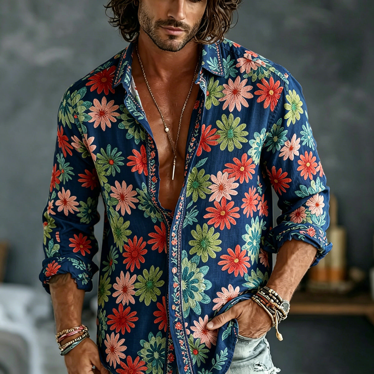 Men's Spring Summer Colorful Floral Embroidered Art Print Flowy Linen Blend Shirt