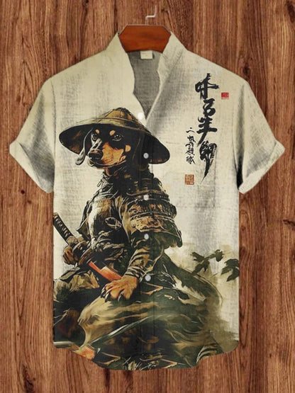 Men's Cool Dachshund Dog Samurai Print Short Sleeve Shirt