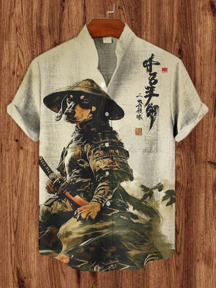 Men's Cool Dachshund Dog Samurai Print Short Sleeve Shirt