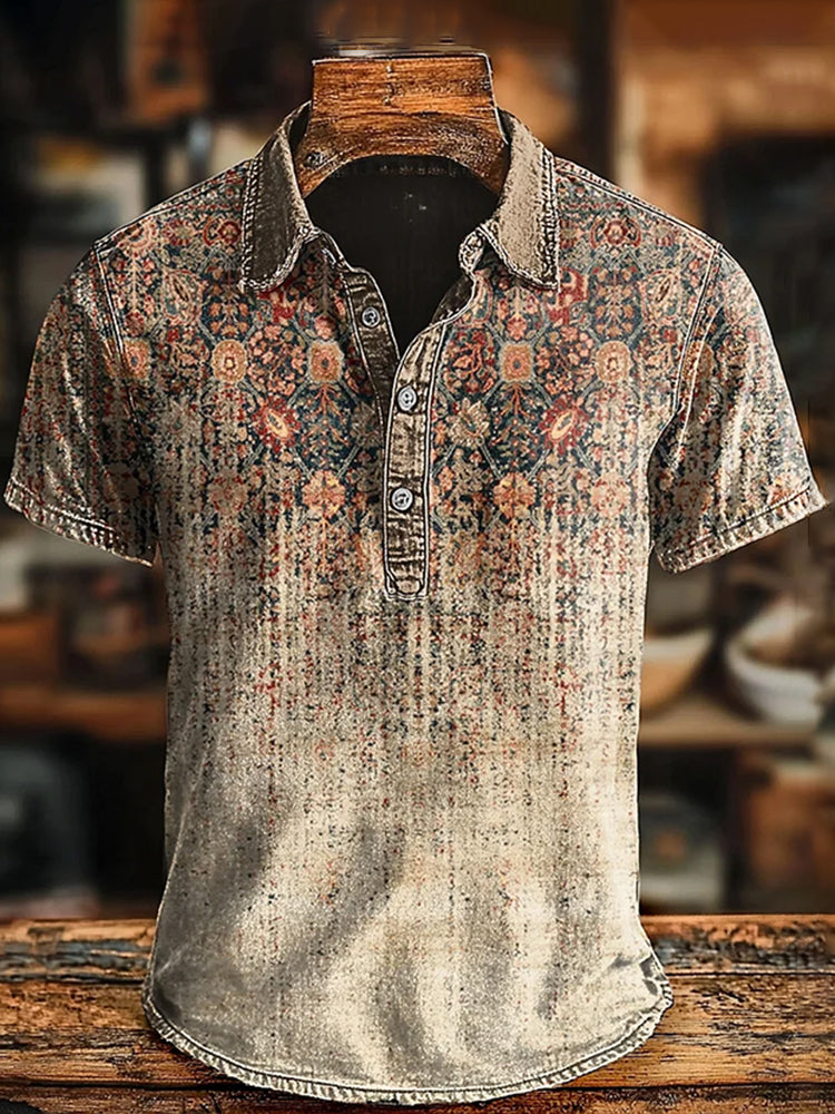 Men's Retro Ethnic Gradient Art Printed Casual Short Sleeve Polo Shirt