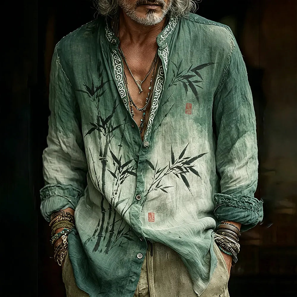 Men's Japanese Style Ink Wash Bamboo Print Art Long Sleeve Shirt