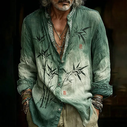 Men's Japanese Style Ink Wash Bamboo Print Art Long Sleeve Shirt