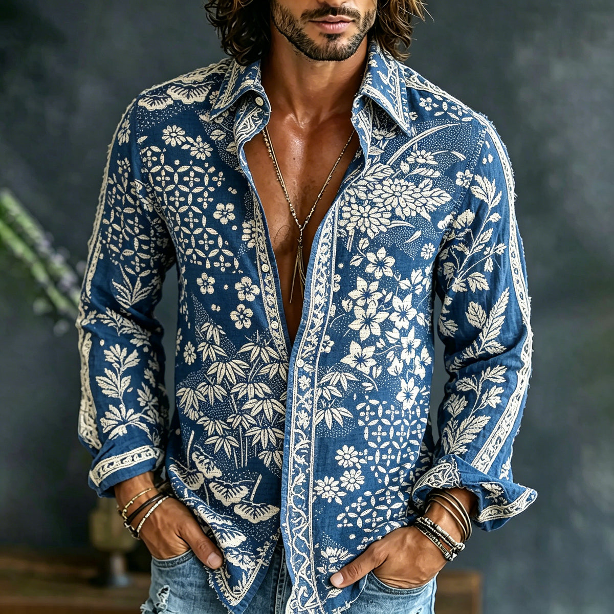 Men's Retro Japanese Sashiko Art Print Flowy Linen Blend Shirt