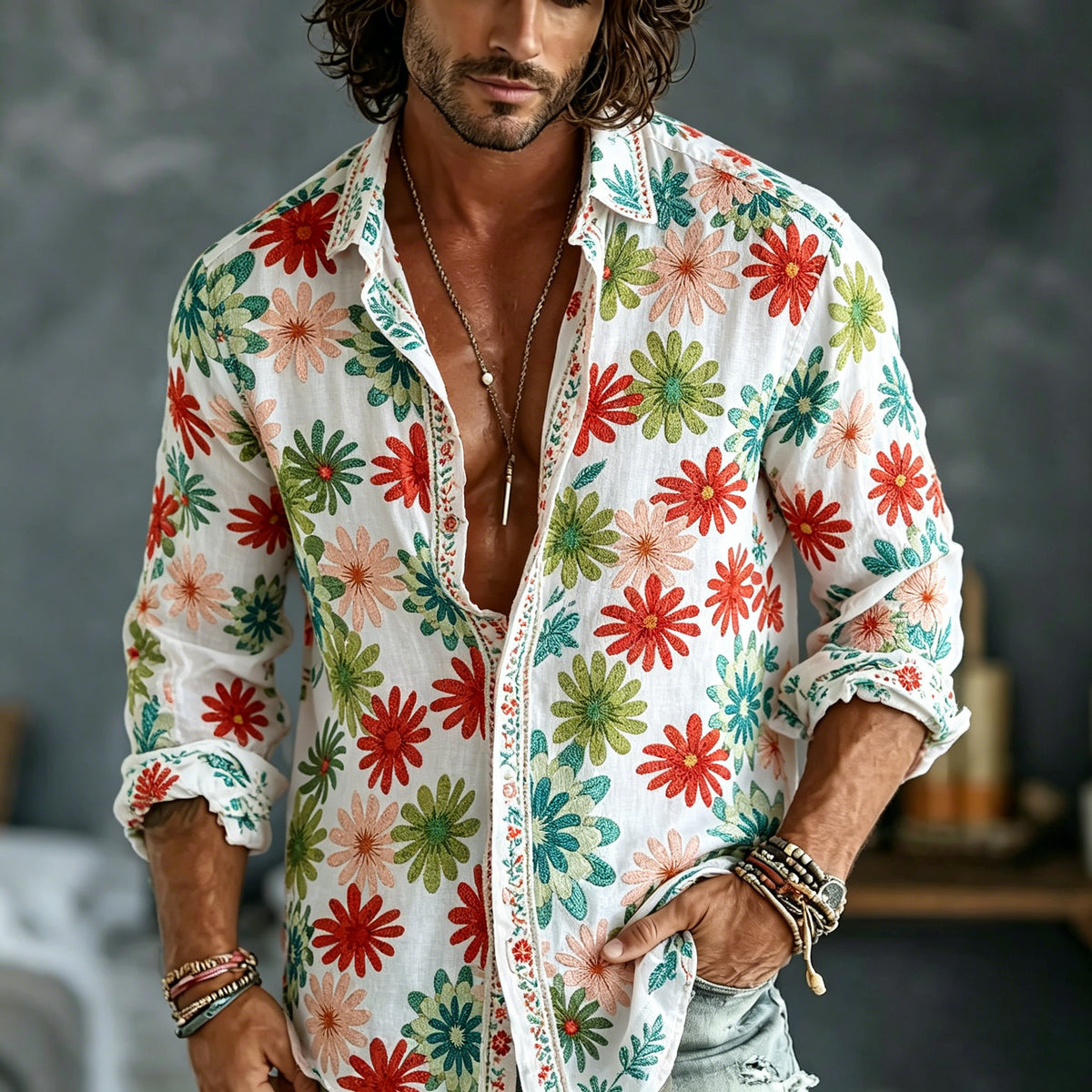 Men's Spring Summer Colorful Floral Embroidered Art Print Flowy Linen Blend Shirt