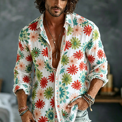 Men's Spring Summer Colorful Floral Embroidered Art Print Flowy Linen Blend Shirt