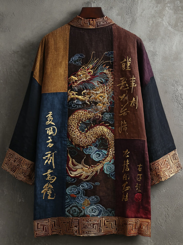 Men's Retro Japanese Calligraphy Dragon Patchwork Art Linen Blend Kimono