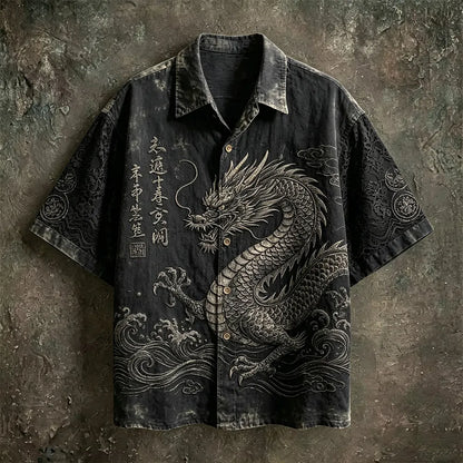 Men's Japanese Dragon Totem Art Tie-dye Cotton And Linen Lapel Short Sleeve Shirt