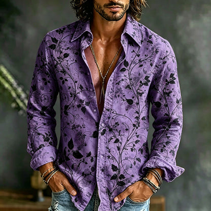 Men's Retro Floral Art Print Cotton Linen Casual Shirt