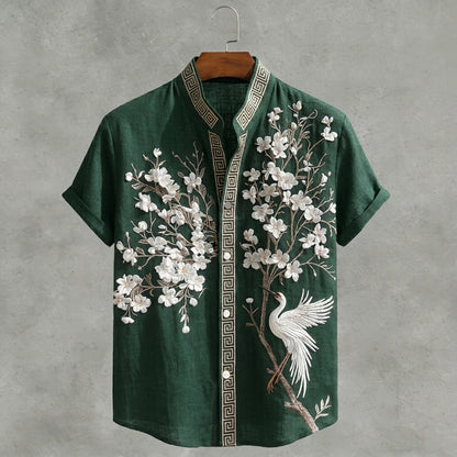 Japanese  Cherry Blossom & Crane Art Linen Blend Shirt