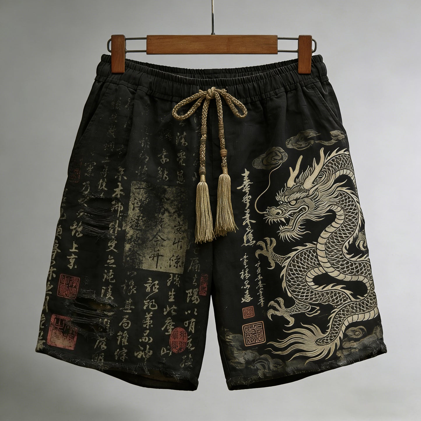 Men's Calligraphy With Dragon Art Pattern Linen Blend Casual Shorts