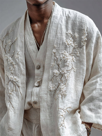 Men's Almond Blossom Fiber Art Linen Kimono Cardigan