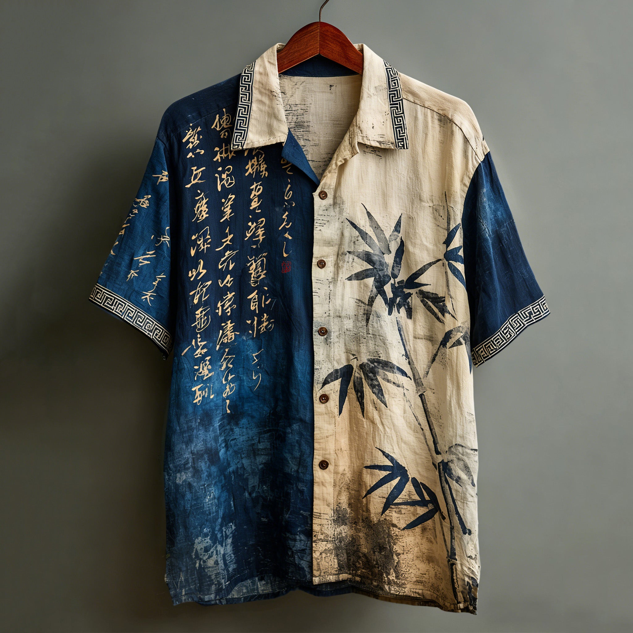 Men's Retro Ancient Calligraphy And Bamboo Leaves Printed Short-sleeve Shirt