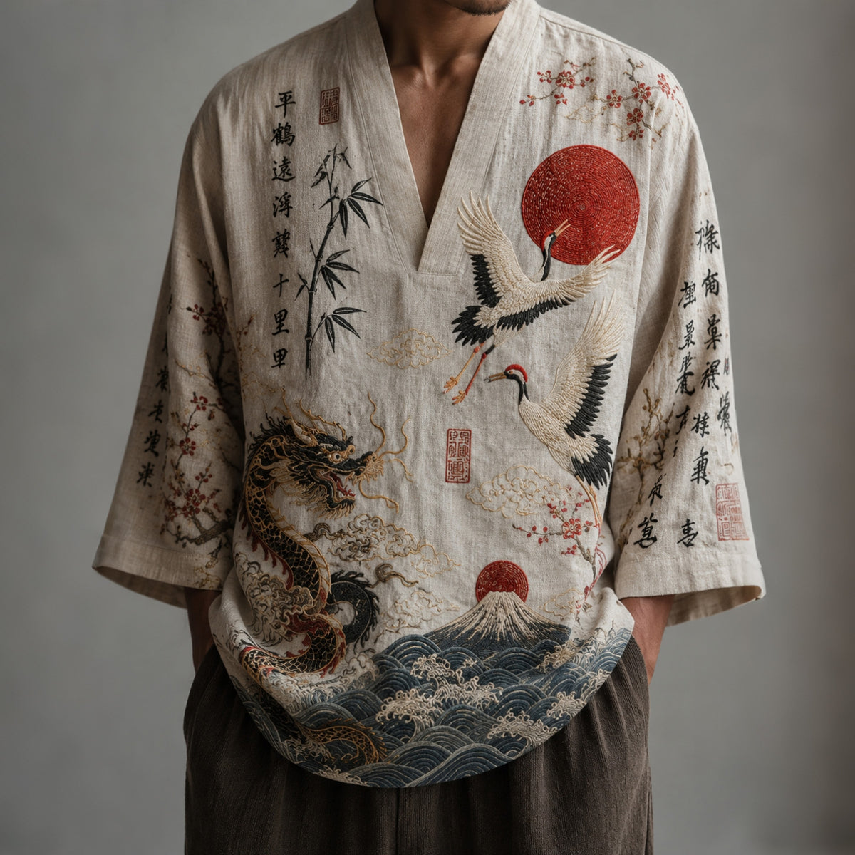 Men's Japanese Art Crane, Cloud, And Bamboo Print Cotton Linen Top