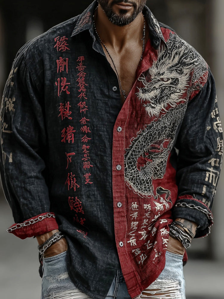 Men's Retro Japanese Dragon And Calligraphy Art Print Casual Cotton Linen Long-sleeved Shirt