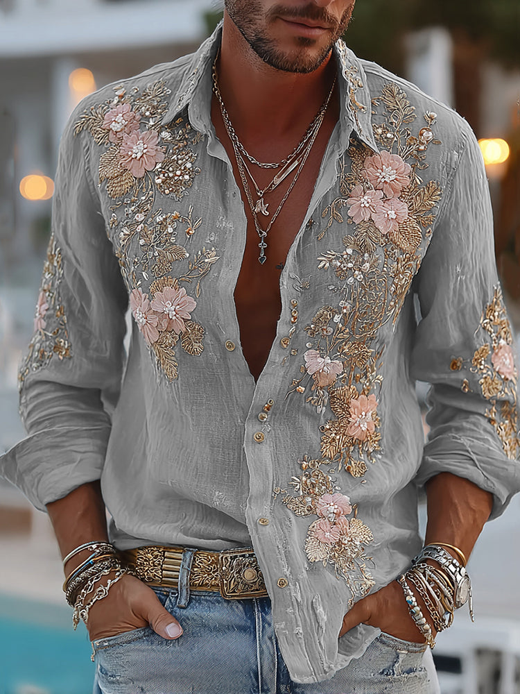 Men's Retro Floral Embroidered Comfy Linen Shirt