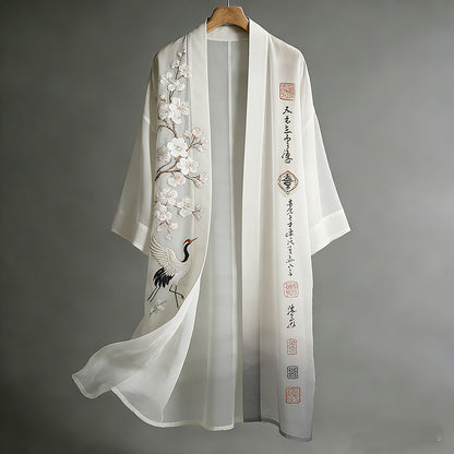 Japanese Art Crane And Cherry Blossom Calligraphy Embroidered Flowing Cotton Linen Kimono