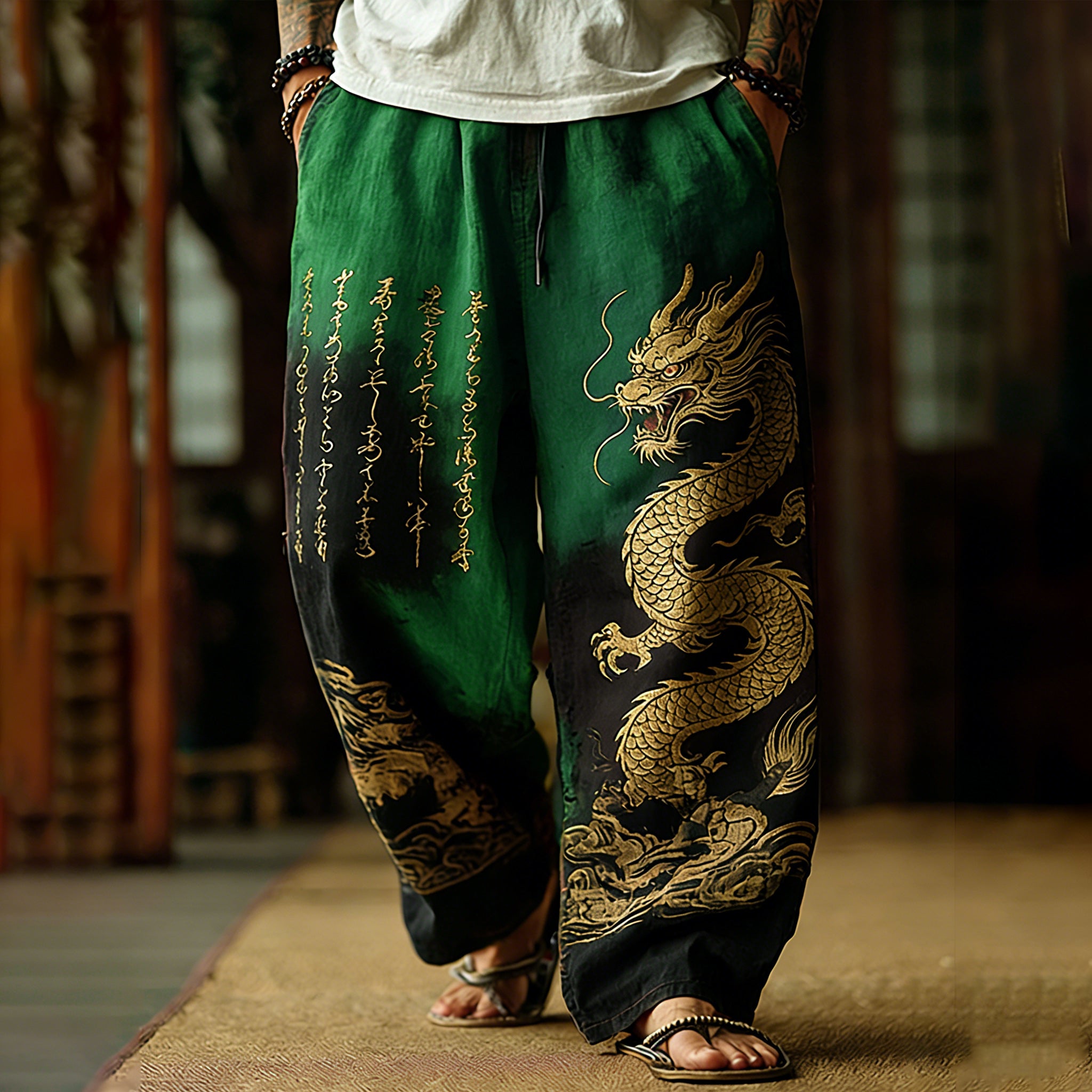 Japanese Retro Dragon Pattern And Calligraphy Art Tie-dye Pants