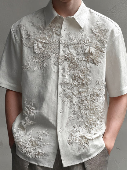 Men's Floral Lace Embroidered Vintage Linen Shirt