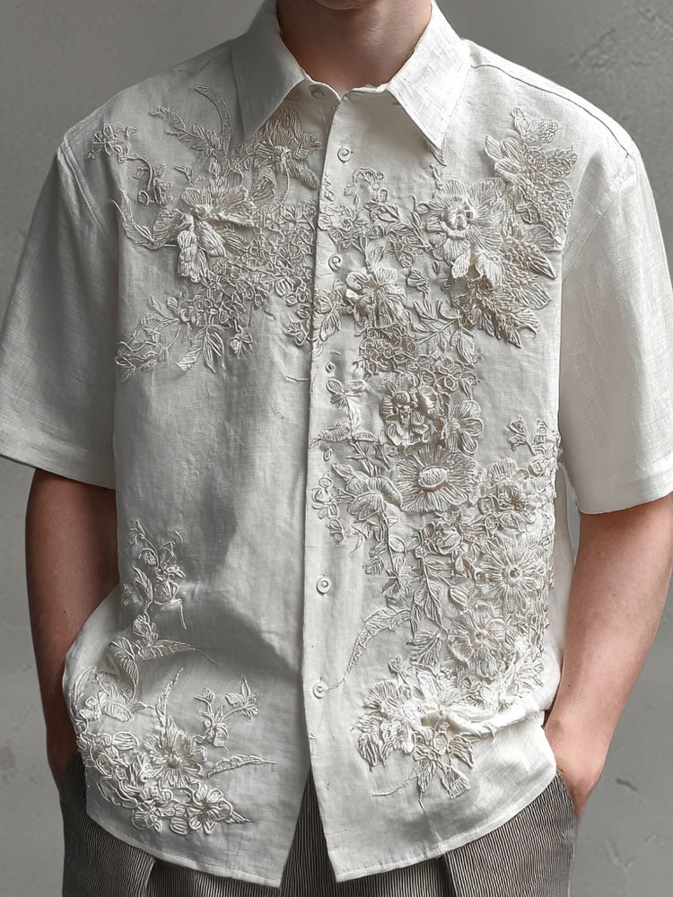 Men's Floral Lace Embroidered Vintage Linen Shirt