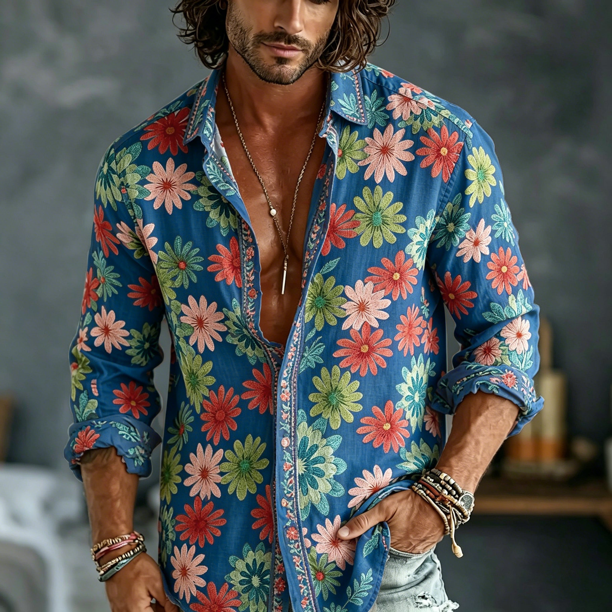 Men's Spring Summer Colorful Floral Embroidered Art Print Flowy Linen Blend Shirt