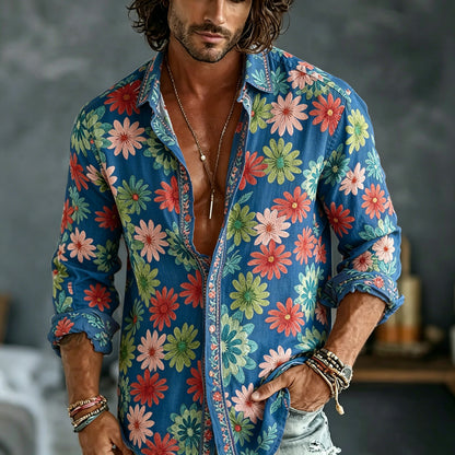 Men's Spring Summer Colorful Floral Embroidered Art Print Flowy Linen Blend Shirt