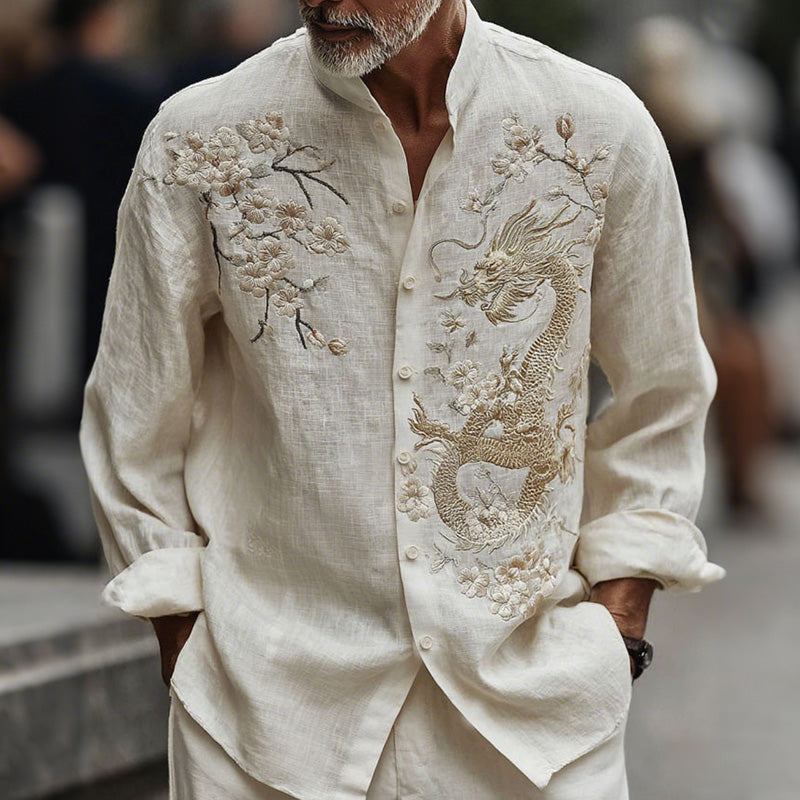 Men's Japanese-style Cherry Blossom With Dragon Pattern Linen Blend Shirt