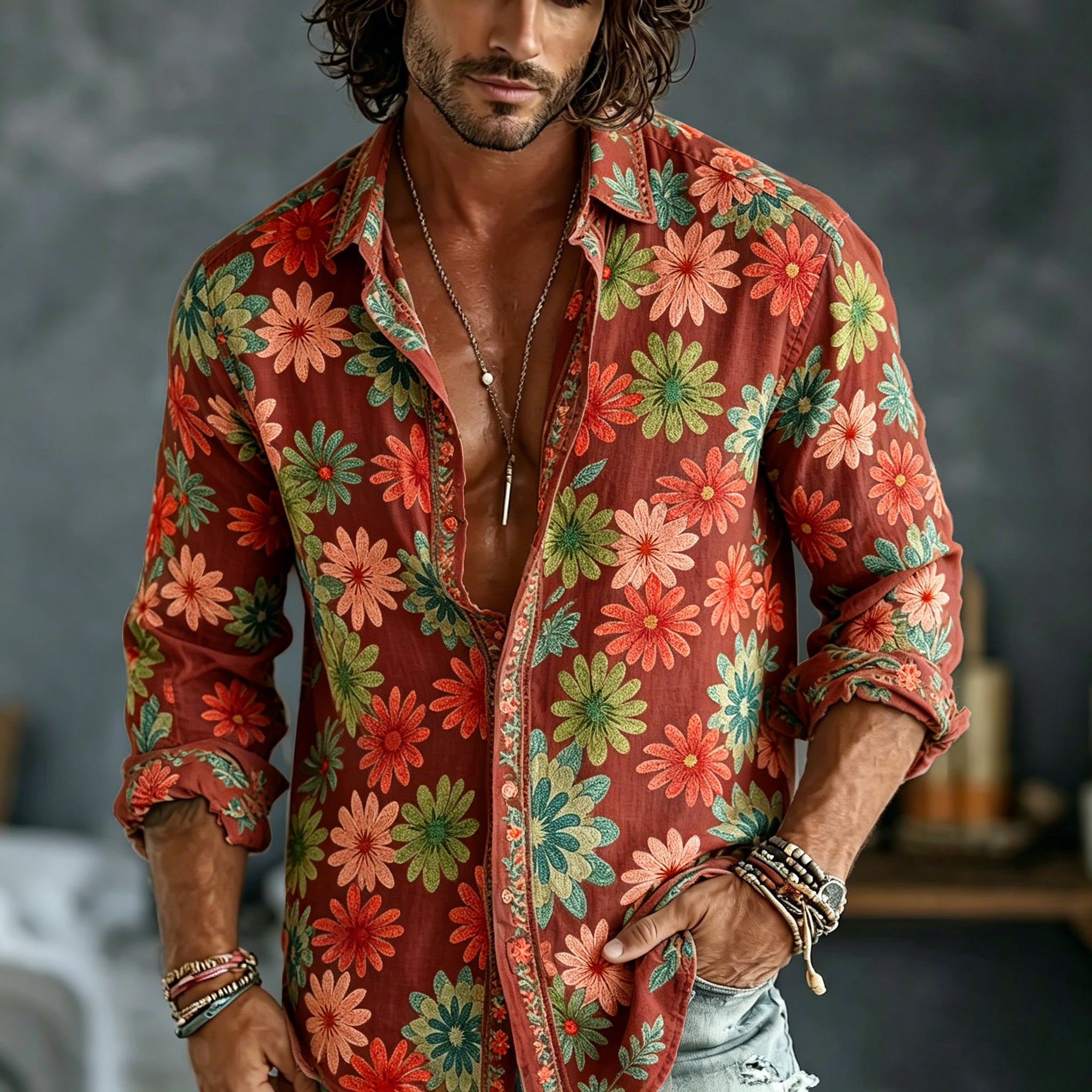 Men's Spring Summer Colorful Floral Embroidered Art Print Flowy Linen Blend Shirt